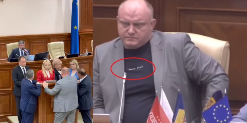 VIDEO. Putiniștii moldoveni prind curaj și își arată colții! Mega-scandal în Parlamentul de la Chișinău: deputatul Vasile Bolea a purtat un tricou cu mesaj pro-Putin și a blocat tribuna Legislativului alături de alți șase colegi din gruparea infractorului Ilan Șor